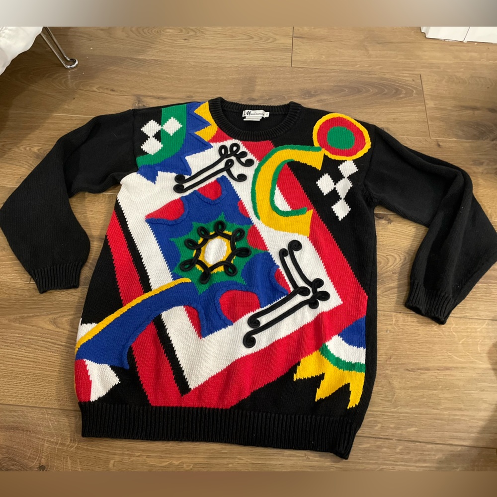 Vintage Abstract Colour Block Sweater Pullover Ramie Cotton Blend Small